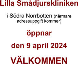 Lilla Smådjurskliniken i Södra Norrbotten (närmare adressuppgift kommer)  öppnar den 9 april 2024 VÄLKOMMEN